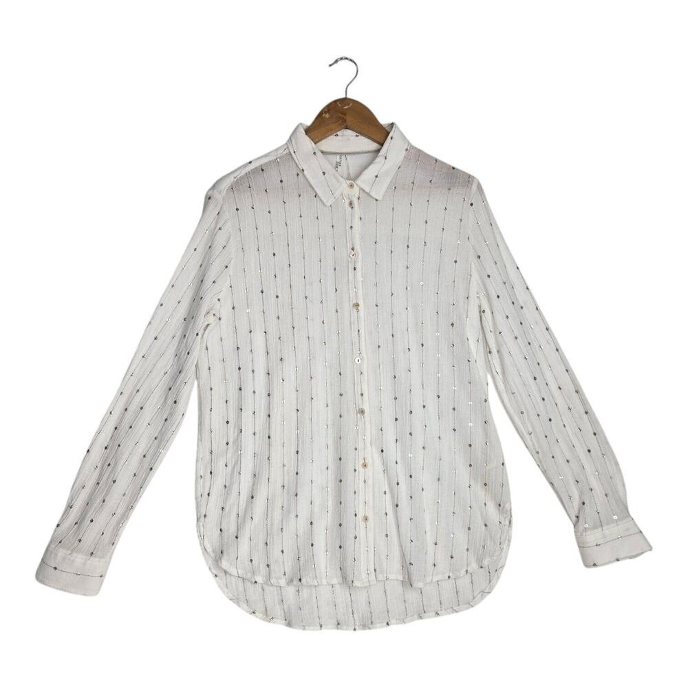 Feather Bone Gauzy Top BSz M White Sequin Button Front Boho